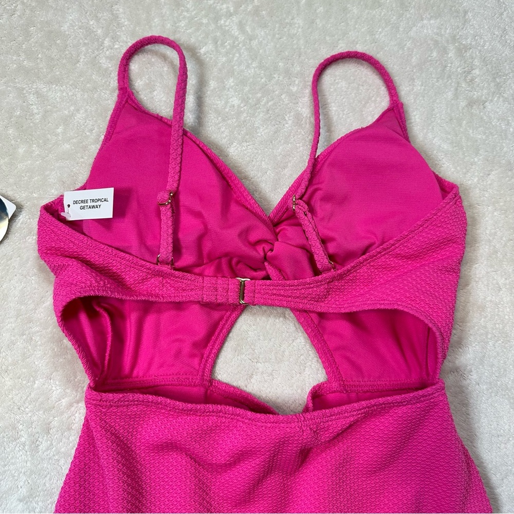 Decree Pink Tropical Getaway Vacation Cut Out Super Cheeky One Piece Swimsuit - Picture 4 of 9